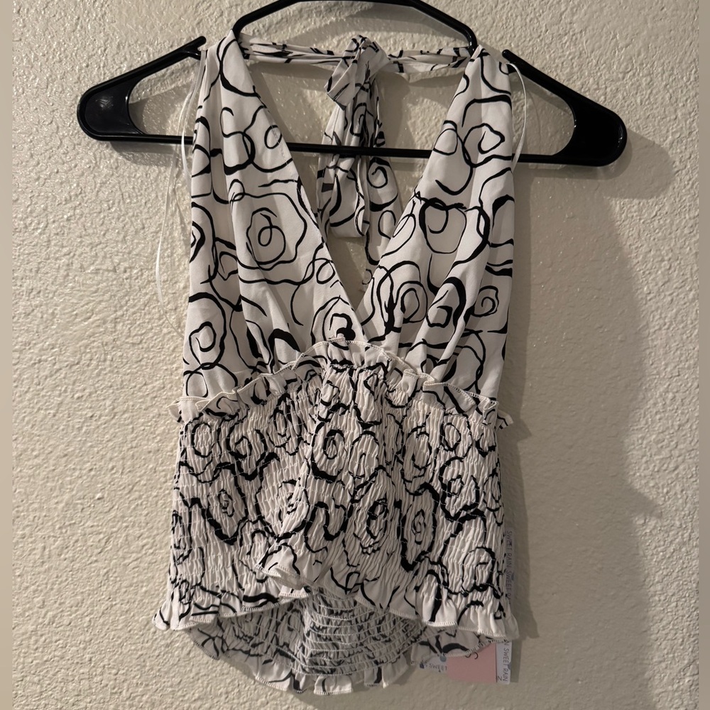 NWT Sweet Rain Black & White Floral V-Neck Halter Tank